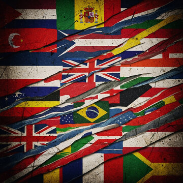 Stylized vector illustration featuring a collage of many international world flags with distressed grunge textures