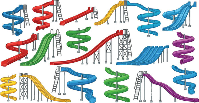 Set of Various Water Slide Designs, Colorful Spiral and Drop Water Slides for Aquatic Parks and Pools, Vector Illustration