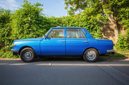 parked  Classic vintage blue Soviet-era Wartburg sedan 
