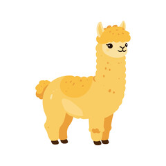 Fototapeta premium An adorable cartoon alpaca with light yellow fur stands on its four legs against a white backdrop in a digital illustration.