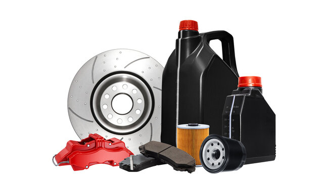 Auto parts , filters , Motor oil , brake disc , shoe and pads isolated on white background.