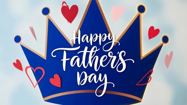 Blue crown with hearts and "happy father's day" lettering drifting over a soft pastel background, gentle float and slow zoom motion.