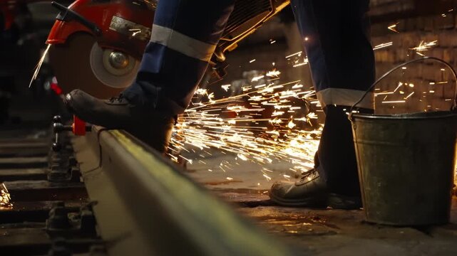 Industrial railway maintenance scene with a worker cutting a steel rail using a powerful abrasive saw, bright metal sparks flying across the track, protective boots visible beside a weathered metal