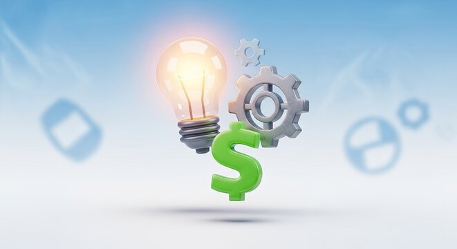 A light bulb with gears and a dollar sign in front of a blue sky with clouds.