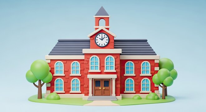 A red and white school building with a clock tower and green trees in front.
