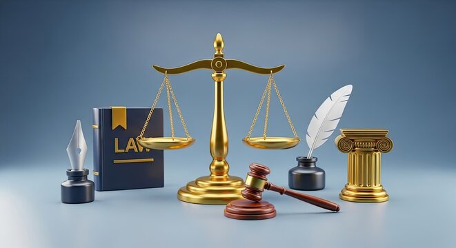 Law book, scales, feather, inkwell, gavel, column, pen, and bookstand on a blue background.