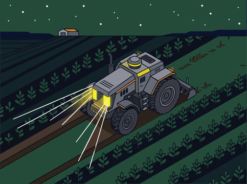 Isometric view of a smart agriculture tractor working in a field at night, illuminated by its headlights