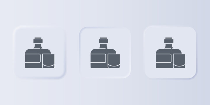 Grey Whiskey bottle and glass icon isolated on grey background. Set icons in square buttons. Vector