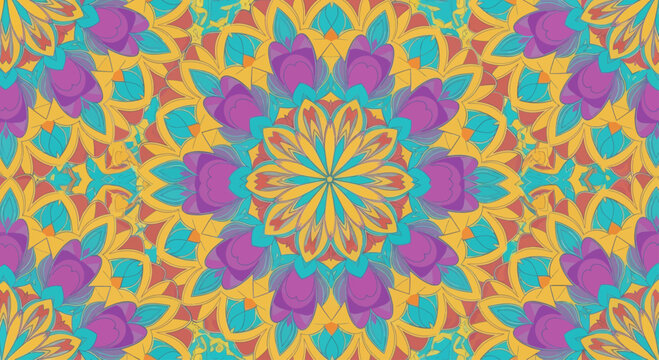 Symmetrical floral mandala pattern with vibrant colors and bold outlines