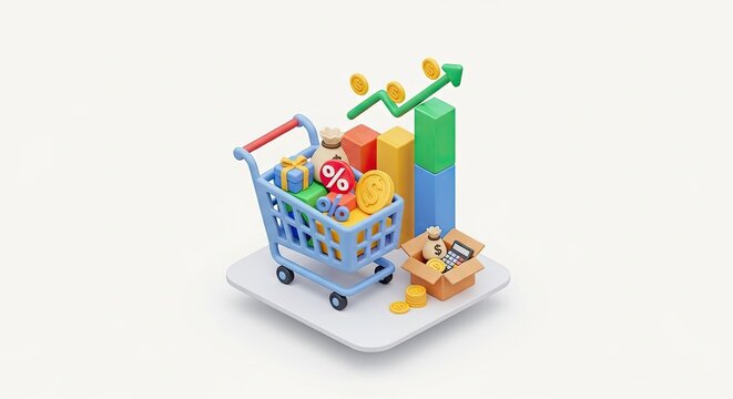 A shopping cart filled with colorful items, including a gift box, a coin, and a bar graph, against a white background.