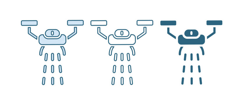Blue Smart farm with drone control for seed planting icon isolated on white background. Innovation technology for agricultural company. Vector