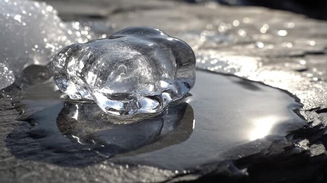 Ice Melting Slowly on a Rough Stone Surface, Detailed Macro View with Water Reflections