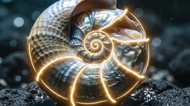 Mystical Nautilus Shell with Golden Fibonacci Spiral and Galactic Glow