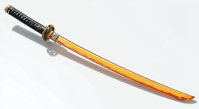 Gleaming amber blade, black-wrapped hilt, and gold accents of a decorative sword