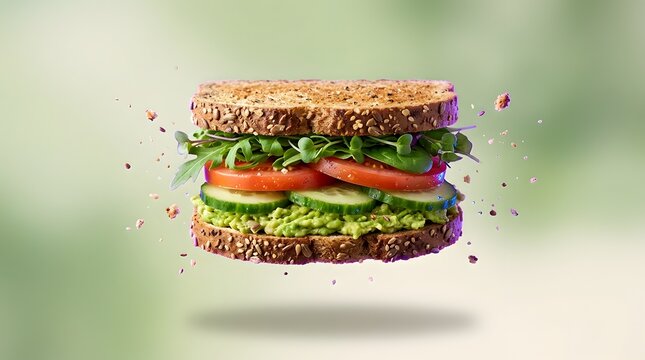 Sandwich Levitating with Fresh Vegetables and Whole Grain Bread Representing Healthy Lifestyle and Dietary Choices for Balanced Nutrition Intake