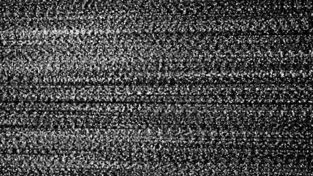 A high-contrast black and white digital noise pattern, mimicking classic analog television static or a corrupted video signal, providing a gritty, textured background with subtle horizontal scanlines.