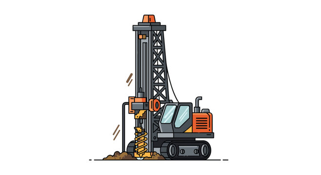 Heavy duty orange and gray drilling rig machine bores deep into the brown earth using a large spiral auger bit on a clean minimalist white background.