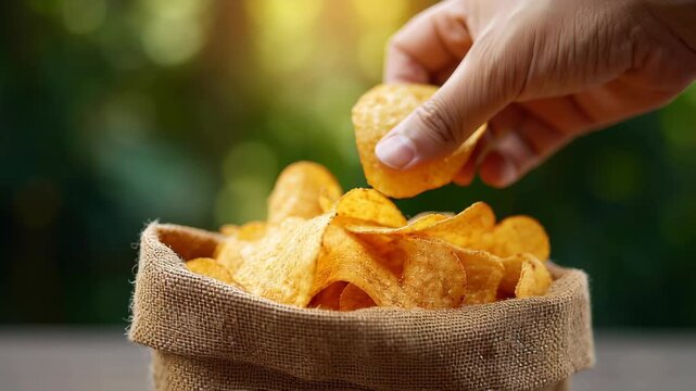 Hand picking crispy potato chip snack from burlap sack with natural blurred background for independence day food celebration outdoors