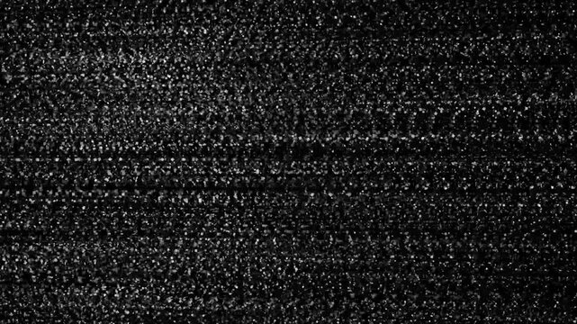 high-contrast monochrome digital noise texture featuring erratic grainy particles and horizontal line patterns, evoking themes of electronic signal interference, retro technology & corrupted data