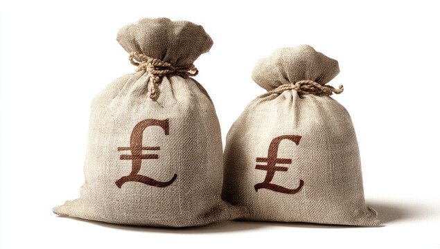 Two burlap money bags with pound sterling symbols on white background