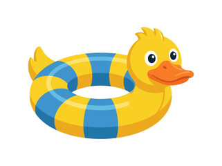Cute duck pool float ring in yellow and blue, flat vector icon on white background