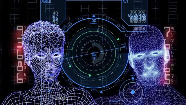 A futuristic man and woman examine a glowing cybernetic map within a high-tech digital interface. This professional 3D animation showcases advanced technology, data visualization, and sci-fi aesthetic