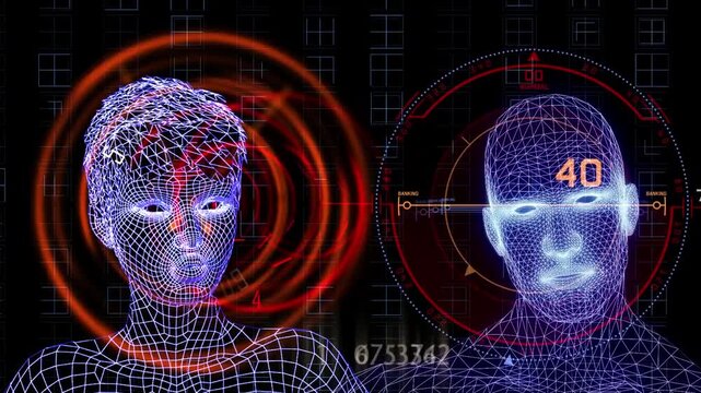 A futuristic man and woman examine a glowing cybernetic map within a high-tech digital interface. This professional 3D animation showcases advanced technology, data visualization, and sci-fi aesthetic