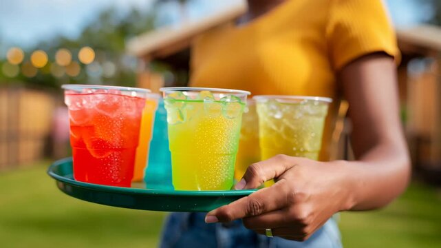 Refreshing colorful cold beverage drinks served outdoors on green tray with ice cubes for summer party celebration independence day event