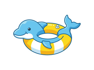 Obraz premium Cute dolphin pool float ring in yellow and blue, flat vector icon on white background