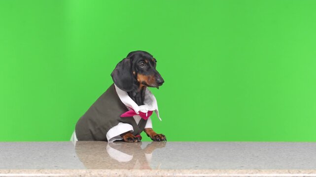 Dachshund dog in gray bartender apron and white shirt with pink bow tie turning toward camera on green screen, funny service breed concept, creative studio production.