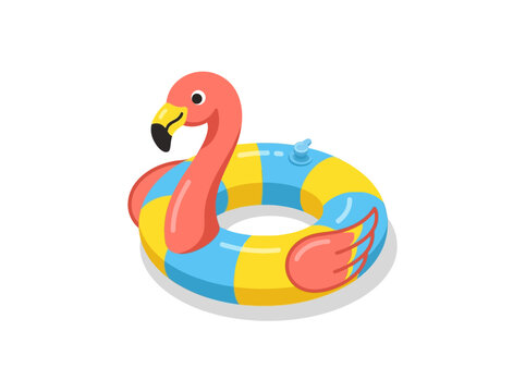 Cute flamingo pool float ring in yellow and blue, flat vector icon on white background