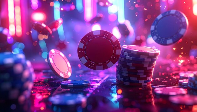 Poker chips and cards fall against a neon casino backdrop
