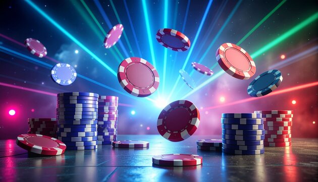 Poker chips and cards fall against a neon casino backdrop