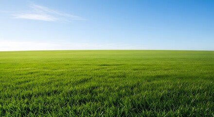 Obraz premium Green Grass Field Under Clear Blue Sky, Minimal Nature Landscape Background