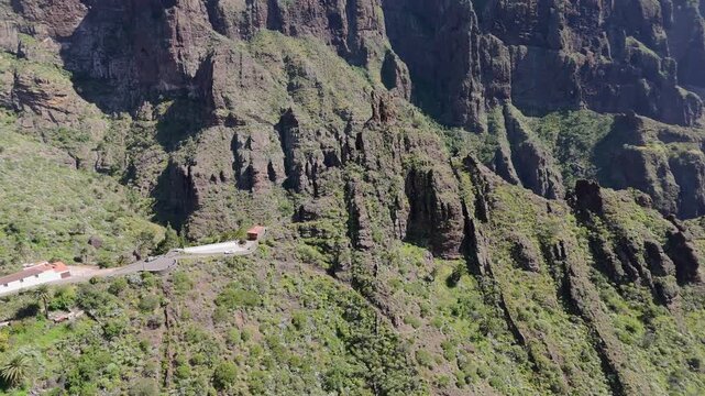 Aerial drone view of the mountains and cliffs and the tourist attraction of Masca village in western Tenerife