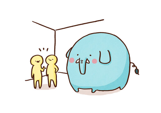 People chatting while ignoring a giant elephant in the room, ignoring obvious problem and compliance concept