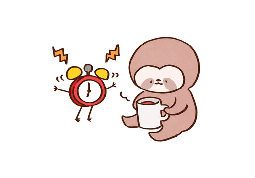 Sloth drinking warm tea at its own pace despite the ringing alarm clock, slow life and relaxing concept