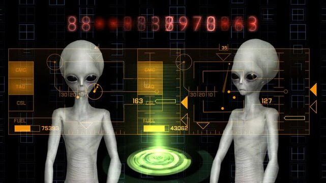 A grey alien studies a glowing cybernetic map inside a futuristic digital interface. This professional 3D animation features detailed sci-fi visuals, advanced holographic displays, and an immersive ex