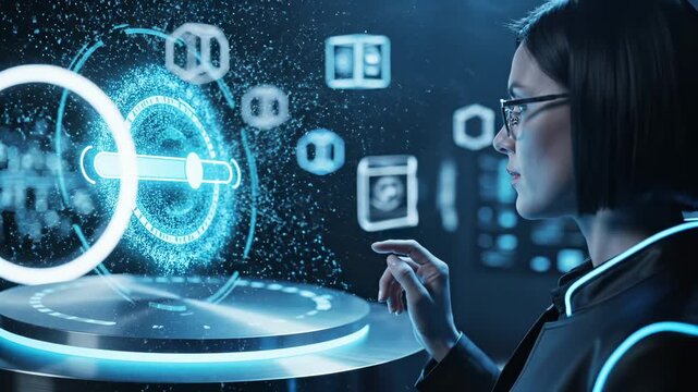 Woman interacts with futuristic holographic interface. Digital technology display with glowing blue elements. Tech professional touches virtual hologram. Futuristic digital interaction.