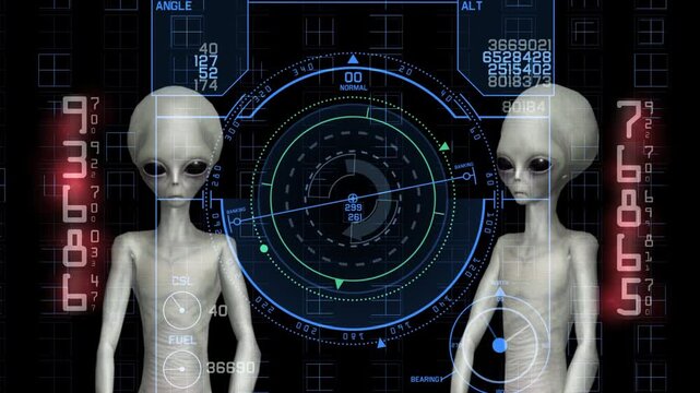A grey alien studies a glowing cybernetic map inside a futuristic digital interface. This professional 3D animation features detailed sci-fi visuals, advanced holographic displays, and an immersive ex