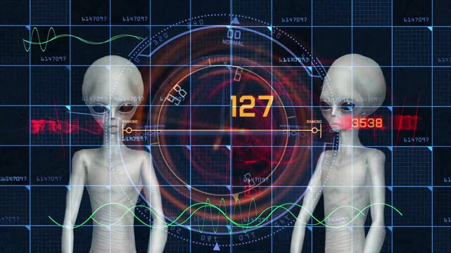 A grey alien studies a glowing cybernetic map inside a futuristic digital interface. This professional 3D animation features detailed sci-fi visuals, advanced holographic displays, and an immersive ex