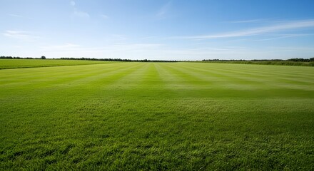 Fototapeta premium Wide Green Grass Field Under Blue Sky, Open Landscape Background with Copy Space