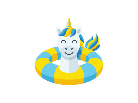 Cute unicorn pool float ring in yellow and blue, flat vector icon on white background