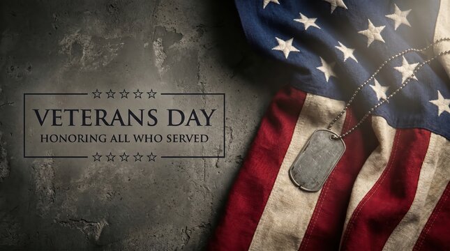 American flag and dog tag on textured background with veterans day text military honor