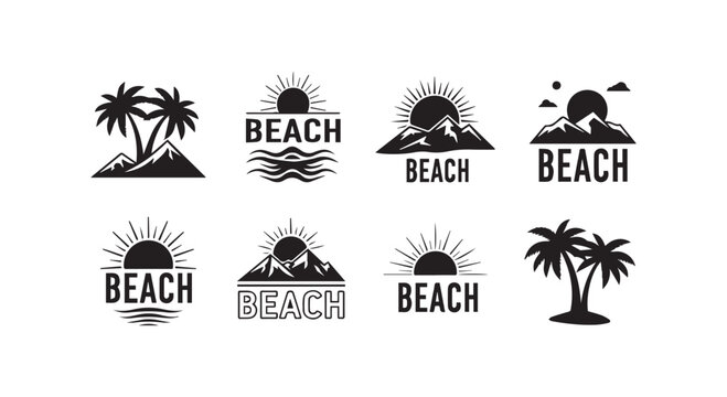 Set of beach logos with sun mountains palm trees and ocean waves for travel design.