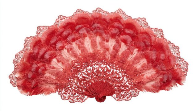 Ornate red feather fan with delicate lace trim and sequined center