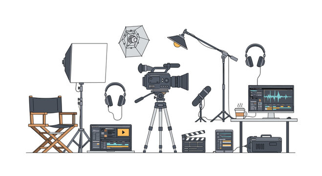 A meticulous arrangement of professional cinematography equipment featuring a high-definition camera and studio lighting stands against a white backdrop.
