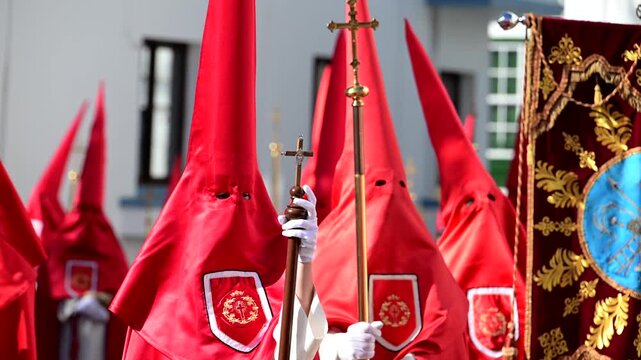 Easter Procession in Santa Cruz de La Palma; Hooded Nazarenos and Penitents in Holy Week; Canary Islands Traditional Religious Celebration and Spanish Culture