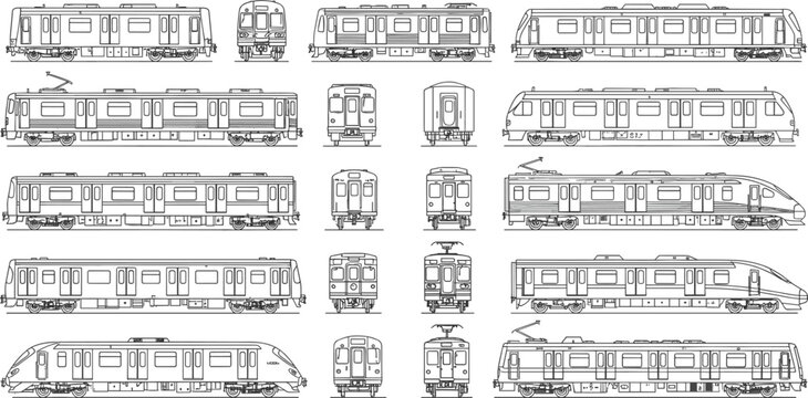 Large collection of subway train and metro car vector line icons featuring side and front views isolated on white background for urban transportation transit system design
