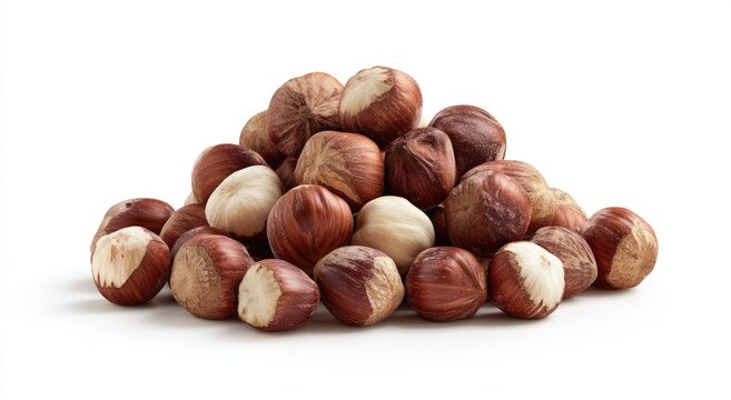 Pile of unshelled hazelnuts, brown with white tips, on white